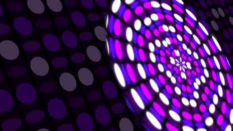 Animation-of-circle-made-of-changing-colorful-lights-on-black-space-with-violet-dots