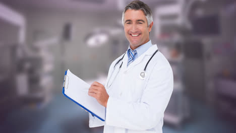 Animation-of-smiling-caucasian-male-doctor-with-clipboard-over-blue-ribbon
