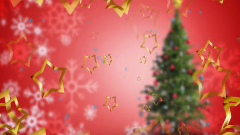 Animation-Von-Weihnachtssternen,-Die-über-Einen-Baum-Auf-Rotem-Hintergrund-Fallen