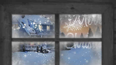 Animation-of-snow-falling-and-christmas-greetings-and-house-in-winter-scenery-seen-through-window