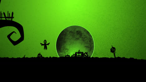 Animation-of-halloween-cemetery,-ghosts-and-full-moon-on-green-background