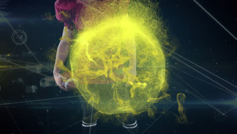 Animation-of-yellow-smoke-and-data-processing-over-midsection-of-american-football-player