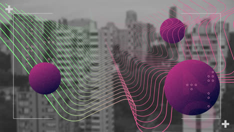 Animation-of-mesh-of-connections-with-purple-globes-nd-cityscape