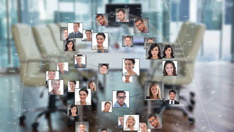 Animation-of-connections-with-user-photos-over-blurred-office-interior