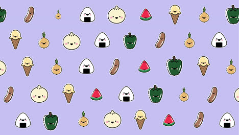 Animation-of-diverse-food-floating-on-purple-background