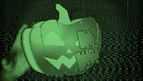 Animation-of-happy-halloween-and-green-pumpkin-on-black-background