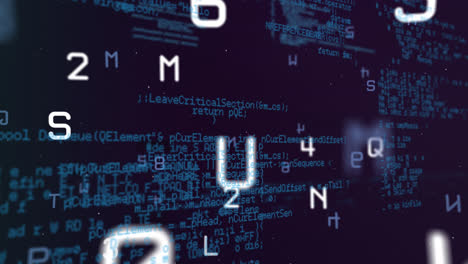 Animation-Von-Buchstaben,-Zahlen-Und-Datenverarbeitung-Auf-Dunklem-Hintergrund