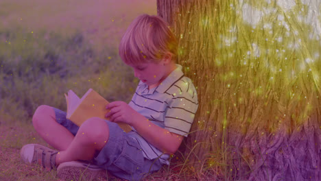 Animation-of-glowing-spots-over-caucasian-boy-reading-book