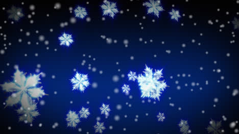 Animation-Von-Schnee,-Der-über-Weihnachtsschneeflocken-Auf-Blauem-Hintergrund-Fällt