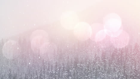 Animation-of-snow-falling-and-glowing-spots-of-light-over-fir-trees-in-winter-scenery