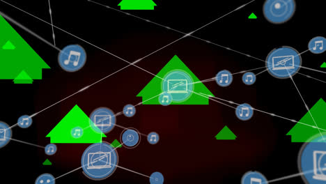 Animation-Eines-Netzwerks-Von-Verbindungen-Mit-Computersymbolen-über-Pfeilen-Auf-Schwarzem-Hintergrund