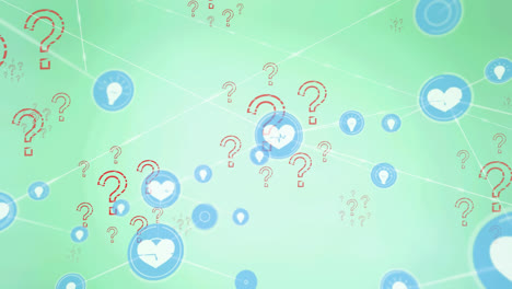 Animation-of-network-of-connections-with-heart-icons-over-peculiars-on-green-background