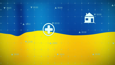 Animation-Von-Zahlen-Und-Symbolen-über-Der-Flagge-Der-Ukraine