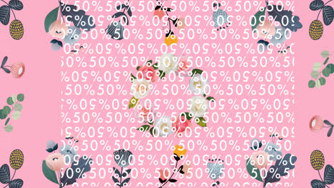 Animation-of-50-percentage-text-over-flowers-on-pink-background
