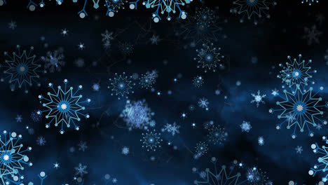Animation-of-christmas-snowflakes-falling-on-dark-blue-background
