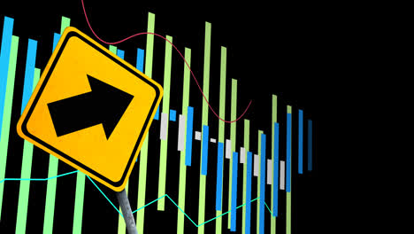 Animation-of-financial-data-processing-and-road-sign-over-black-background