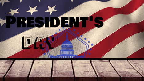 Animation-Des-Präsidententagstextes-Und-Des-Gebäudesymbols-über-Der-Amerikanischen-Flagge