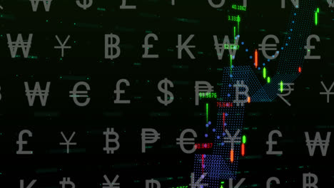 Animation-of-currency-symbols-over-financial-data-processing-on-black-background