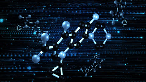 Animation-of-molecules-rotating-on-blue-and-black-background