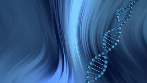 Animation-Von-DNA,-Die-über-Blauen-Wellen-Auf-Blauem-Hintergrund-Rotiert