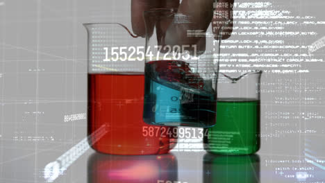 Animation-of-diverse-data-processing-over-hand-of-lab-worker-shaking-liquid-in-glass