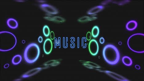 Animation-of-music-and-neon-circles-on-black-background