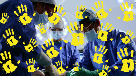Animation-of-yellow-hands-over-diverse-surgeons-during-operation