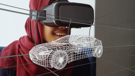 Animación-De-Un-Dibujo-Digital-En-3D-De-Un-Automóvil-Sobre-Una-Mujer-Usando-Auriculares-Vr