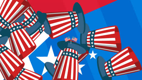Animation-Von-Hüten-Mit-Amerikanischer-Flagge-über-Amerikanischer-Flagge