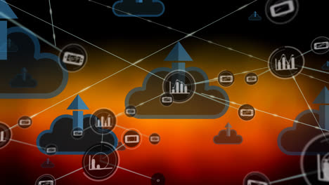 Animation-of-network-of-connections-over-arrows-and-clouds-on-orange-background
