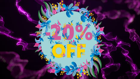 Animation-of-20-percent-off-in-circle-with-flowers-on-black-background