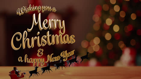 Animation-of-merry-christmas-text-over-christmas-tree-and-santa-in-sleigh