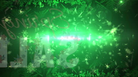 Animation-of-christmas-snow-falling-over-glowing-lights,-sale-text-on-green-background