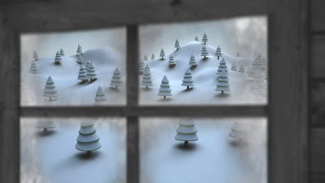 Holzfensterrahmen-Vor-Mehreren-Bäumen-In-Der-Winterlandschaft