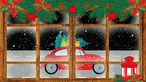 Animation-of-fir-trees-and-christmas-decorations-over-car-and-snow-falling