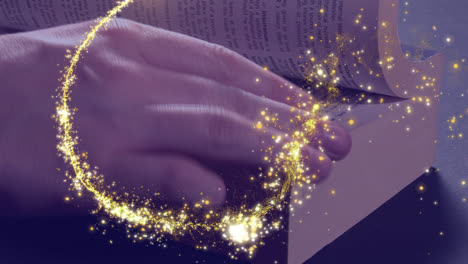 Animation-of-glowing-shooting-star-over-person-checking-and-reading-book