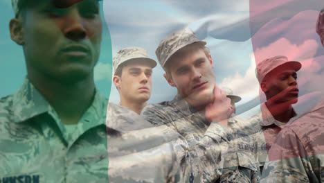Animation-Der-Italienischen-Flagge-über-Verschiedenen-Männlichen-Soldaten-In-Uniform