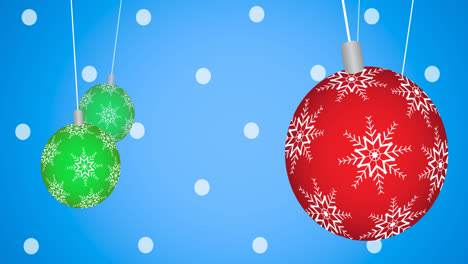 Animation-of-christmas-baubles-dangling-and-white-dots-pattern-on-blue-background