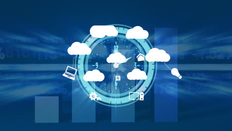 Animation-of-clouds-with-icons-over-graph-and-moving-clock