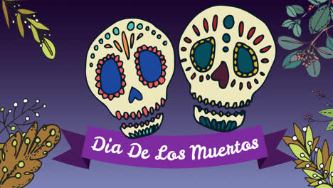 Animación-Del-Día-De-Los-Muertos-Sobre-Calaveras-Decorativas-Sobre-Fondo-Morado-Con-Flores