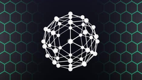 Animation-of-globe-of-connections-over-hexagons-on-black-background