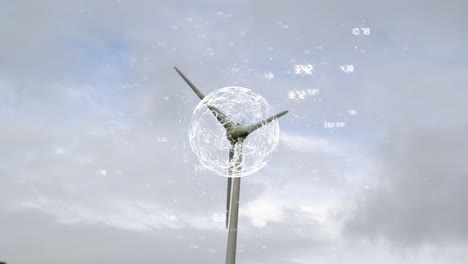 Animation-Eines-Globus-Und-Einer-Zahlenverarbeitung-über-Einer-Windturbine