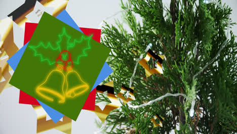 Animation-Von-Neonfarbenen-Weihnachtsglocken-über-Weihnachtsdekoration-Und-Zweigen