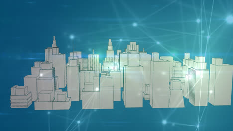 Animation-Des-Verbindungsnetzes-über-Der-Stadt-Auf-Blauem-Hintergrund