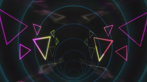 Animation-of-tunnel-with-neon-shapes-over-black-background