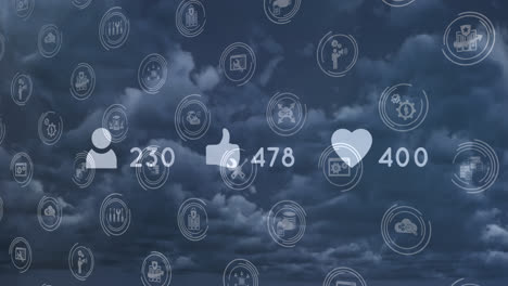 Animation-of-technology-icons-and-social-media-reactions-moving-on-navy-background-with-clouds