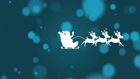 Animation-of-santa-sleigh-over-lights-on-blue-background