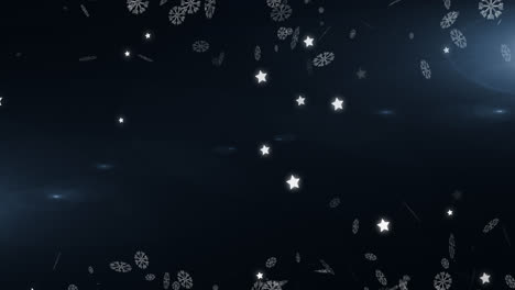Animation-Von-Schneeflocken-Und-Sternen,-Die-Auf-Schwarzen-Hintergrund-Fallen