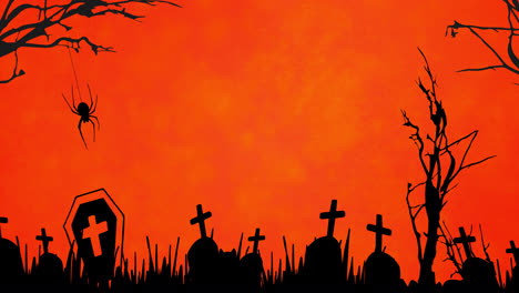 Animation-Von-Spinnen-Und-Halloween-Friedhof-Auf-Orangefarbenem-Hintergrund