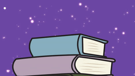Animation-Von-Leuchtenden-Punkten-über-Büchern-Auf-Violettem-Hintergrund